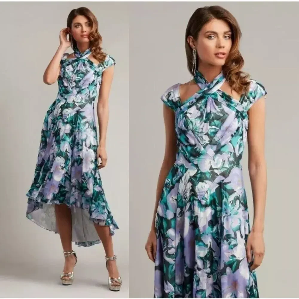 NWT Tadashi Shoji ARLENE CUTOUT HALTER FLORAL MIDI DRESS BUI22121MD Iris Size 12 - Picture 1 of 16
